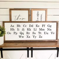 "This custom painted wood sign is the perfect home decor! It would be great displayed in a playroom as wall art or homeschool room! It's the perfect way to display the alphabet! This sign features the alphabet in uppercase and lowercase! It has 5 different stain options that you can choose from to match your home and also includes hanging hardware to make decorating with your new sign quick and easy! It would be great as a gift or as a treat for yourself! Size: 12\"x28\" MADE TO ORDER: ---------
