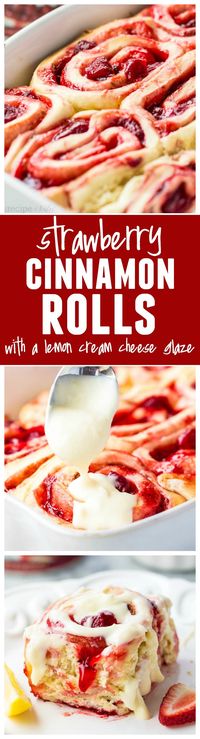 Strawberry Cinnamon Rolls with Lemon Cream Cheese Glaze - Delicious quick and easy cinnamon rolls bursting with strawberry pie filling! These are amazing!