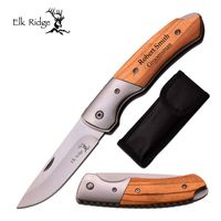 This stainless steel pocket knife features a 3.5 in long, 2.5mm blade on a gorgeous light brown wood handle. The knife folds into a handy 4.5 in length, and is perfect for bringing along in your pants or shirt pocket. It comes in a black nylon pouch, ready to give away as a groomsmen gift or anniversary gift for your special guy.