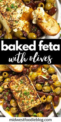This Baked Feta Appetizer comes together in just minutes with only a handful of ingredients - olives, sun-dried tomatoes, fresh garlic, olive oil, and herbs. Bake it all together with a block of feta cheese until it's warm and creamy then serve with crispy crostini!