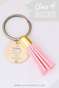 Greek letter grad keychain. Custom with your engraved letters and "the tassel was worth the hassle" to make the sweetest grad gift. Shop at www.alistgreek.com! #grad #gradgifts #sororitygrad #collegegraduation #graduationgifts #graduation #gifts #keychain #tassel #custom #personalized #greekletter #aphi #kkg #kappa #tridelta #deltagamma