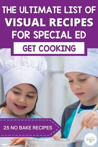 Looking for some visual recipes for kids? Whether you cook in the classroom, homeschool or just want to introduce your kids cooking at home this is the post for you. Included are 25 different snack and lunch recipes to give you some great ideas for visual recipes! Using visual recipes for kids with special needs is a great way to include a life skills activity and have a yummy treat. I also include other cooking resources like adapted cooking tools and ideas for kids group cooking.