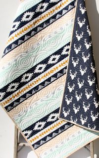 Deer Baby Quilt, Aztec Modern Girl Bedding, Crib Cot Nursery Southwest Arizona Woodland Buck Toddler Navy Blue Gold Mint Boy or Girl Blanket by SunnysideDesigns2