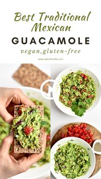 A simple, fresh traditional Mexican authentic guacamole made up of only a few ingredients; avocado, onion, chilli, coriander, salt and lime – with optional added tomato, and black pepper.