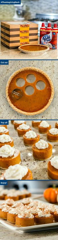 "Easy Pumpkin pie" I wanted to be mad at this pin but it's a cute way to serve them for a party and you could probably make pumpkin pie cake balls or something with the rest of the pies....