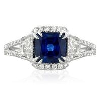 18kt white gold ring with blue sapphire and trapezoid diamonds by Yael Designs Contempo Collection.