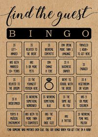 These rustic Find the Guest Bingo Bridal Shower Game cards are a fun bridal shower game to add to your next bridal shower or wedding shower. Play this game with your family and friends at your bridal shower or wedding shower by having them talk to the other guests to find a person who matches each clue. Once they find a person that fits the clue, they can then mark off the corresponding square. Have guests call out BINGO when they get five squares in a row (vertically, horizontally, or diagonal)