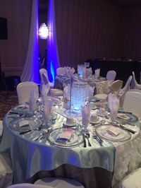 Fire and Ice Ball - ice table with chandelier centrepiece #fireandice #fire #ice #lethbridgeeventrentals #lethbridgeevents #events #decor #red #blue #uplights #featherball #centerpiece #tree #tablechandelier #chandelier