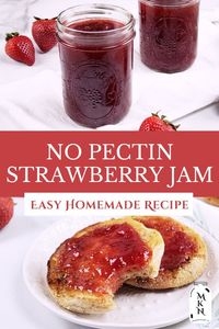 This easy homemade strawberry jam recipe uses only 4 ingredients. Homemade goodness without pectin (Sure Jell), low in sugar, and complete with canning instructions! #strawberryjam #lowsugar #jam #homemade