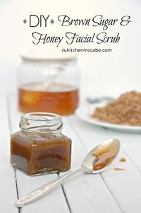 DIY Brown Sugar Honey Facial Scrub  Ingredients 1 T. Raw Honey 1 T. Brown Sugar Instructions Place the brown sugar and honey in a small bowl and mix together well. Store in a jar with an air tight lid. Keep at room temperature. TO USE: Wash face well. Apply a small amount of scrub(about ½ t.) to wet skin and massage gently in a circular motion. Avoid eye area. Rinse face well and pat dry.