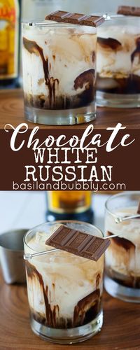 A dessert cocktail recipe everyone will love: Chocolate White Russians. Made with Kahlua, Vodka, Cream, Chocolate Syrup, and garnished with a chocolate bar.