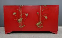 1940s Red-Painted Sideboard, Gilt Bronze Lily Relief