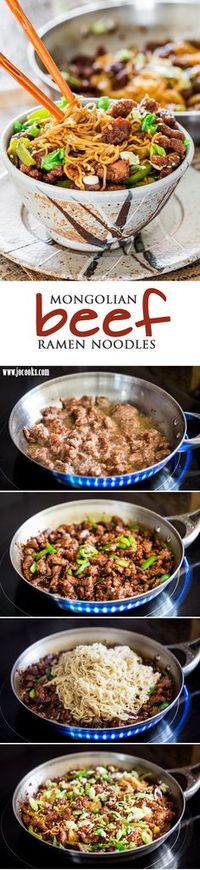 Mongolian Beef Ramen Noodles - a copycat recipe of the popular PF Chang's Mongolian Beef with green peppers and ramen noodles. So simple to make and so delicious, you'll want to forget about takeout!
