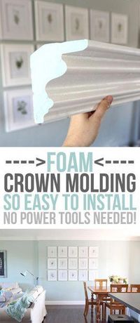 FOAM crown molding is easier to install than traditional molding, but once it's up, it looks the same! No power tools required, it is installed with glue. Pre-made corners available too! DIY home upgrades for the beginning remodeler. #HomeDecorTips