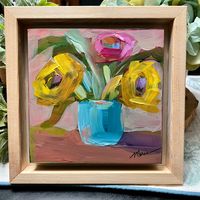 Original acrylic painting of loose painterly florals on 6 x 6 wood panel and 8x8 boxed framed . Suitable for shelf display or ready to hang with sawtooth hook. Artist signature on front and back of artwork. Each art piece is photographed in natural light and can vary its colors throughout the day.