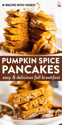 It’s time to serve your family some homemade fluffy pumpkin pancakes for breakfast to celebrate the autumn season. And this recipe is SO easy! The simple batter is made from scratch with flour, milk, eggs, oil, pumpkin spice and an entire cup of pumpkin puree. | #pumpkin #pumpkinrecipes #fall #fallrecipes #breakfast #brunch #breakfastrecipes #pancakes #recipe #easyrecipe #pancakerecipe #pumpkinpancakes #autumn #autumnrecipes
