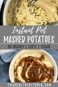 Learn how to make mashed potatoes NO DRAIN Instant Pot mashed potatoes! This easy recipe will quickly become your go to. Using Yukon Gold or russet potatoes, with skin or without, this is truly the BEST recipe for dairy free tater mash. Add some garlic, vegan cream cheese, or any of your favourite fillers.