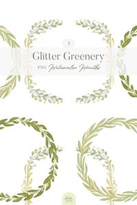 Gold Green Glitter Wreath Clip Art Watercolor Greenery Frames - Etsy