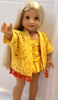 Retro 18" Girl Doll 1 Piece Skirted Swimsuit and Eyelet Cover-up In Yellow with Orange Trim for Girl Dolls Such as American Girl