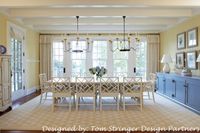 Love the wall color with white trim, ceiling, blue painted sideboard, rug, white painted cabinet