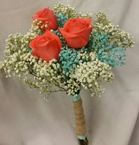 Brides Maids Bokay Turquoise tinted Babies Breath and White Babies Breath with Coral Roses Burlap and Turquoise Ribbon Cuff