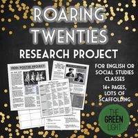 Get your students excited about reading The Great Gatsby with this 1920s research project. Students select a topic related to the Roaring Twenties, conduct research, and create an informational poster on their topic. Once your class has finished their posters, display them in the classroom or hallway and conduct a gallery walk.This project comes with lots of scaffolding, including topics, research organizational materials, a rubric, gallery walk activity, and much more.
