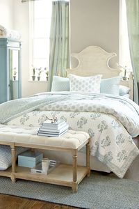 Lovely Master Bedroom With Perfect Cottage Color Palette ! Curvy painted headboard.