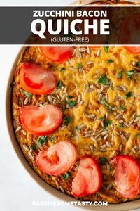 Zucchini, onion, red bell pepper, and bacon are used to make this gloriously easy no-fuss gluten-free crustless zucchini bacon quiche. Try this tasty and deceptively easy recipe idea for breakfast, brunch, lunch, or even dinner!