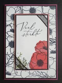 Deze kaart van Ingrid Nellen is grotendeels gebaseerd op een kaart van Christine Bertram. Ze heeft zowel de Painted Poppies stempelset als de Hartverwarmd Stempelset. De Rococo Rose heeft ze laten terugkomen door het Oh So Ombre papier te gebruiken en het zwarte organdy ribbon met glitters maakt het af. #prulleke #prullekekleurencombinatie #stampinupnederland #paintedpoppiesstampset #stampinupdemonstratrice #kleurencombinatie #echtepostiszoveelleuker #stampinupdemo #hartverwarmendstampset