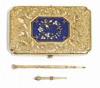 A jewelled and enamelled gold aide-mémoire with concealed timepiece, Geneva, mid 19th century the lid centred with a blue enamel panel applied with rose-cut diamonds floral wreath, opening to reveal a compartment containing a small enamel watch dial the ground engraved with convolvulus and ivy on engine turning, the silk-lined interior containing a tablet holder (one ivory tablet left), a pencil initialled: DPS and the watch key
