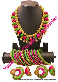 Yaalz Silk Thread Neckset Earrings & Bangle Set Combo With Pearls In L