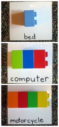 Lego Syllable Counting Activity from "This Reading Mama" (To support phonemic awareness needs, I'd include a picture along with the printed word.)
