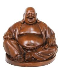 Happy Buddha Statue: Mahogany Finish Resin Hotei (Laughing Buddha) Statue