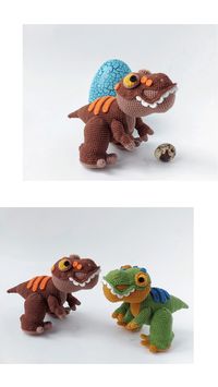Crochet dinosaur pattern. Amigurumi ornament Tyrannosayr Rex. The animal is standing on its hind legs. This is a crochet pattern, but not a toy!