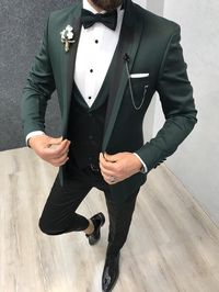Collection: Spring – Summer 2019 Product: Slim-Fit Tuxedo Color Code: Green Size: 46-48-50-52-54-56 Suit Material: 98% satin fabric, 2% lycra Machine Washable: No Fitting: Slim-fit Package Include: Jacket, Vest, Pants Gifts: Shirt, Chain and Bow Tie