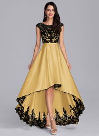 A-Line Scoop Illusion Asymmetrical Satin Lace Evening Dress (017198660) - JJ's House