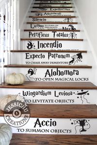 Harry Potter Spells Stairs Vinyl Decal - Home Decor, JK Rowling, Hogwarts, Slytherin, Gryffindor, Magic, Expecto Patronum, Alohomora, Lumos
