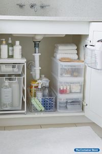 From cleaning supplies to your hair dryer, curling iron, shampoo and conditioner, the space under your bathroom sink counter is perfect for storing all kinds of things. We'll show you how to organize your bathroom under sink area so you can always find what you're looking for. (See more on our Projects & Inspiration page...)