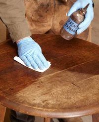 How to refinish furniture without stripping, also tips for fixing missing bits of veneer, white rings, dents, and paint splatters