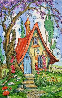 If I Had a Cottage print from Original Storybook Cottage Watercolor painting 4 by 6 inches