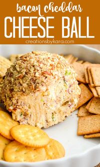 Bacon Cheddar Cheese Ball is the perfect Holiday appetizer made of cream cheese, cheddar cheese, green onions, and plenty of bacon! Everyone loves this easy cheese ball. #cheeseball #partyfood #appetizerrecipes #baconcheeseball -from Creations by Kara