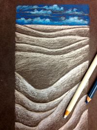 Value Landscape-Students choose one neutral color and one warm or cool color for the sky. Lines are sketched across the page (top line/horizon line) and with the chosen prismacolors, value and shading become the focus of the drawing lesson.