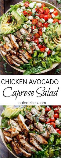 Balsamic Chicken Avocado Caprese Salad is a quick and easy meal in a salad drizzled with a balsamic dressing that doubles as a marinade! | http://cafedelites.com