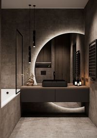 Runder Spiegel | Badezimmer Einrichtung | Dunkles Bad | Bad Idee | Inspiration Badezimmer