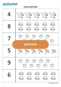 Count and color, Fall - Autumn Worksheet. Preschool, Kindergarten, First grade worksheets: lookbookeducation.com