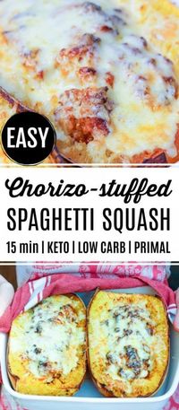 Chorizo Stuffed Spaghetti Squash takes only 15 minutes to make and is delicious!! Great for so many diets, can be made with or without dairy for Paleo, Keto, GAPS, Whole30 and Low Carb! || Eat Beautiful | #chorizo #spaghettisquash #keto #paleo #lowcarb | gapsdiet | whole30 | keto recipes | keto dinner | Low Carb Meals #lowcarb #ketorecipes #healthyrecipes #casseroles