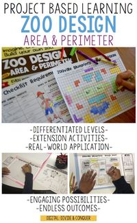 Engage and motivate students as they create and design a zoo using their area and perimeter skills. This project based learning activity (PBL) includes two levels for immediate differentiation, along with extension for early finishers or independent work. This pairs well with a variety of math skills, ELA subjects, and social studies. Zoo design works best for grades 2-6. $