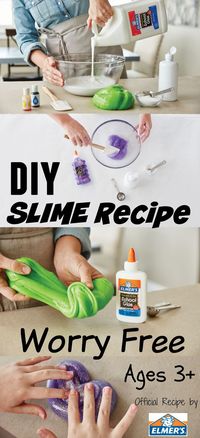 This DIY Slime Recipe is WORRY FREE and kid-friendly! This NO Borax slime recipe is Elmer's Official Recipe perfect for kids ages 3 & up! Pin this now and make it for parties, classrooms, sensory play and more! Just add food coloring and glitter if you want!