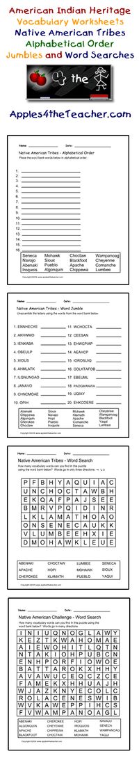 Native American Tribes interactive worksheets, alphabetical order worksheets, word jumble worksheets, word search worksheets.