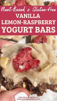 How about celebrating your easter with this healthy delicious Vanilla Lemon-Raspberry Yogurt Bars. We love that it's plant-based and gluten-free! This recipe is an ode to summer, is naturally sweet, and oh-so refreshing! | Easy and tasty vegan recipes meal ideas. Gluten-free appetizers, snacks and simple meals. Gluten Free Cooking. Gluten Free Diet. Easy dessert. Gluten Free Dessert Ideas. Vegan Recipes Ideas. No bake Easy Dessert Ideas #glutenfree #reipes #healthyfood #vegan #nobake #dessert |